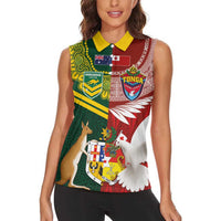 Custom Mate Ma'a Tonga and Australia Kangaroo Women Sleeveless Polo Shirt Nation Seal with Mascot Aboriginal and Tongan Kupesi Ngatu Art