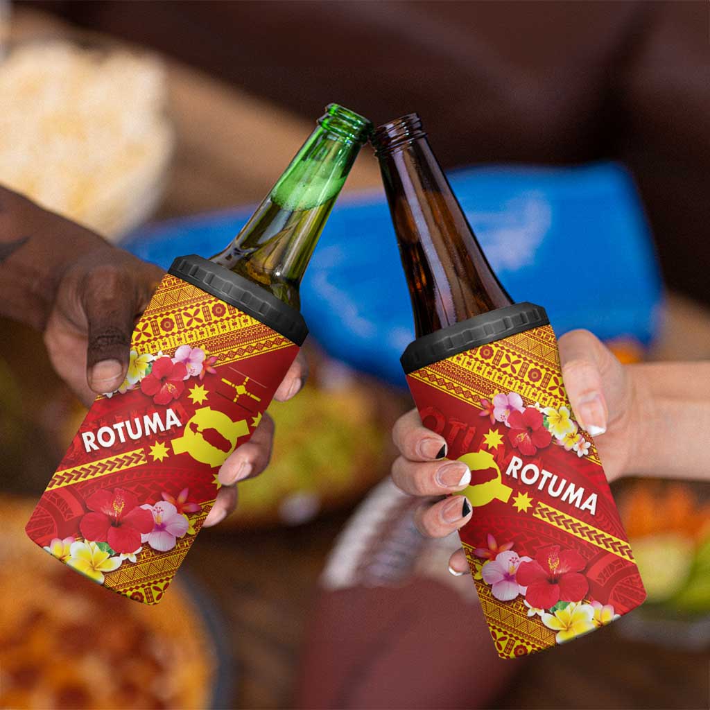 Rotuma Island 4 in 1 Can Cooler Tumbler Fijian Tapa with Polynesian Art and Hibiscus