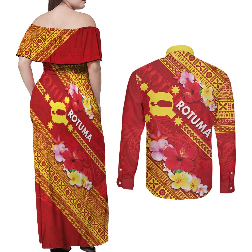 Rotuma Island Couples Matching Off Shoulder Maxi Dress and Long Sleeve Button Shirt Fijian Tapa with Polynesian Art and Hibiscus