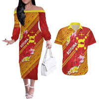 Rotuma Island Couples Matching Off The Shoulder Long Sleeve Dress and Hawaiian Shirt Fijian Tapa with Polynesian Art and Hibiscus
