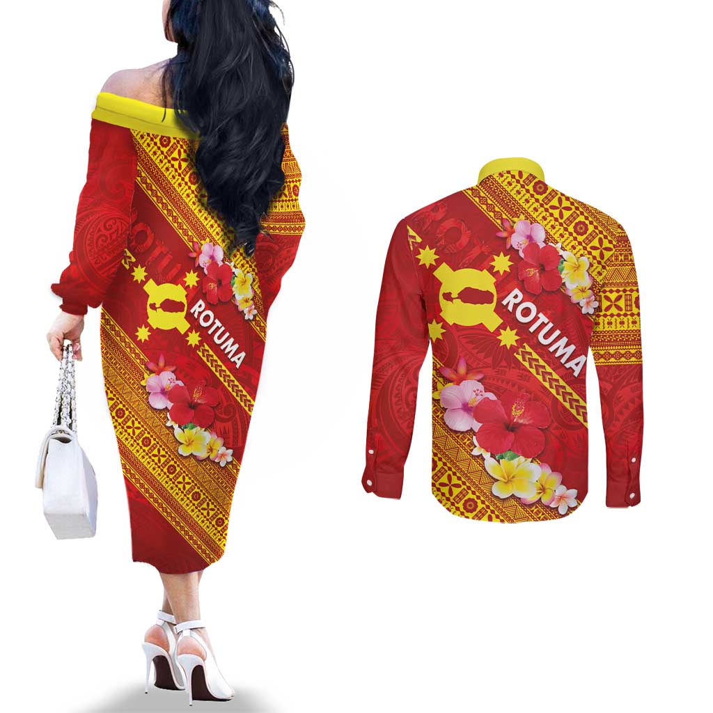 Rotuma Island Couples Matching Off The Shoulder Long Sleeve Dress and Long Sleeve Button Shirt Fijian Tapa with Polynesian Art and Hibiscus