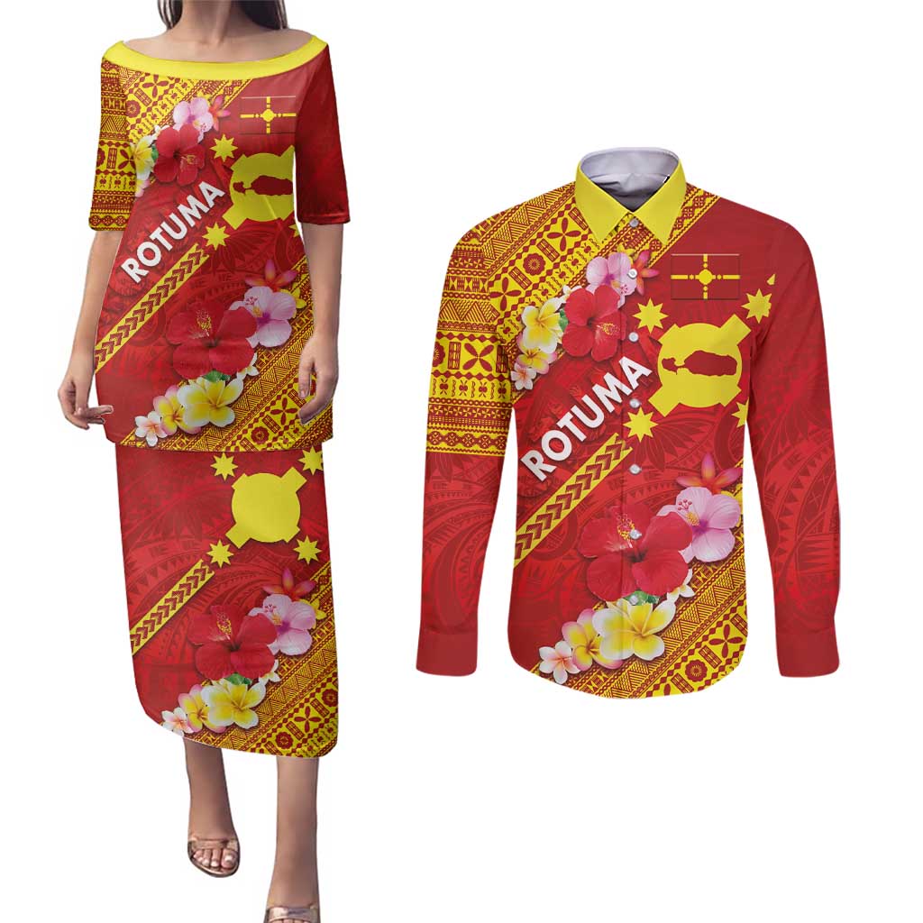 Rotuma Island Couples Matching Puletasi and Long Sleeve Button Shirt Fijian Tapa with Polynesian Art and Hibiscus