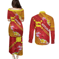 Rotuma Island Couples Matching Puletasi and Long Sleeve Button Shirt Fijian Tapa with Polynesian Art and Hibiscus