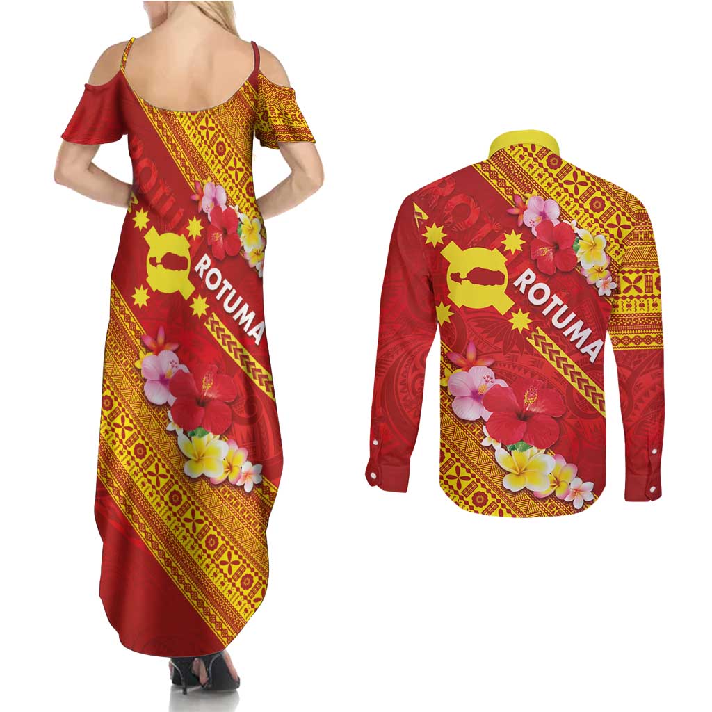 Rotuma Island Couples Matching Summer Maxi Dress and Long Sleeve Button Shirt Fijian Tapa with Polynesian Art and Hibiscus