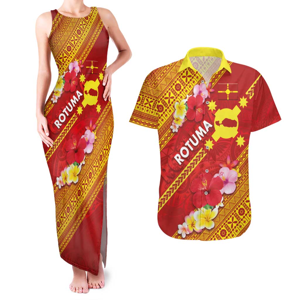 Rotuma Island Couples Matching Tank Maxi Dress and Hawaiian Shirt Fijian Tapa with Polynesian Art and Hibiscus