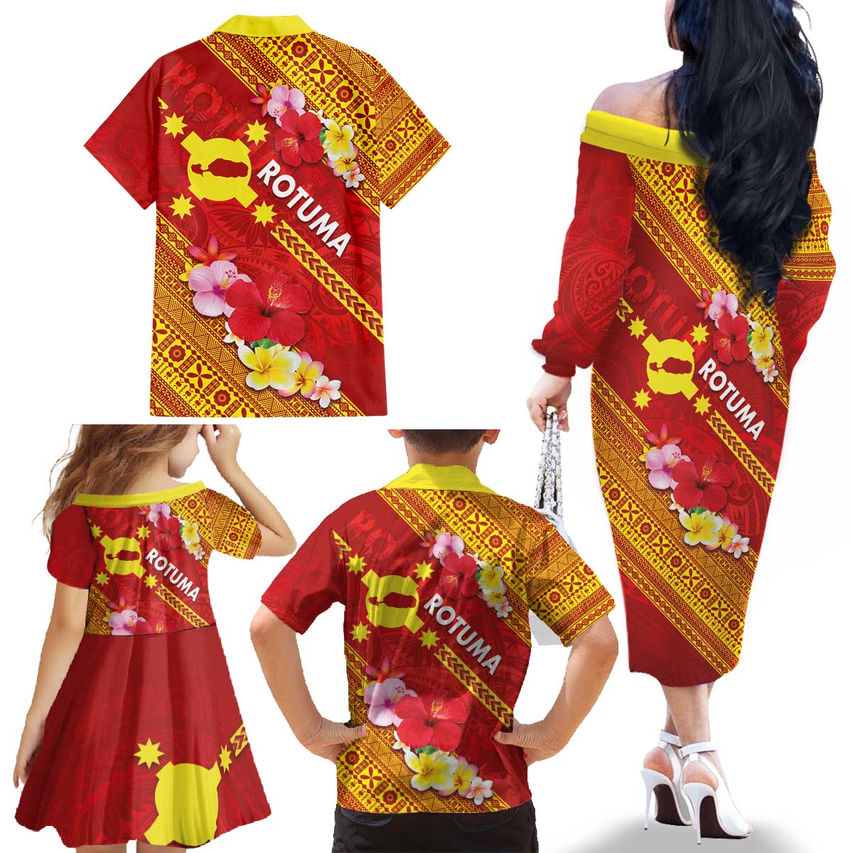 Rotuma Island Family Matching Off The Shoulder Long Sleeve Dress and Hawaiian Shirt Fijian Tapa with Polynesian Art and Hibiscus