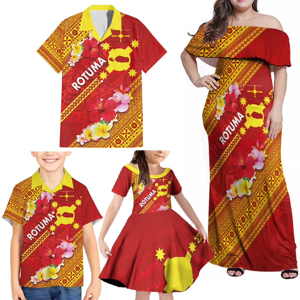 Rotuma Island Family Matching Off Shoulder Maxi Dress and Hawaiian Shirt Fijian Tapa with Polynesian Art and Hibiscus