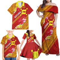 Rotuma Island Family Matching Off Shoulder Maxi Dress and Hawaiian Shirt Fijian Tapa with Polynesian Art and Hibiscus