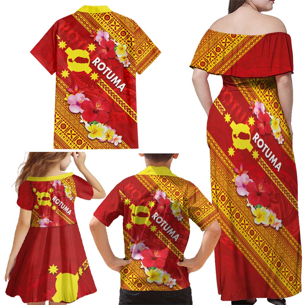 Rotuma Island Family Matching Off Shoulder Maxi Dress and Hawaiian Shirt Fijian Tapa with Polynesian Art and Hibiscus