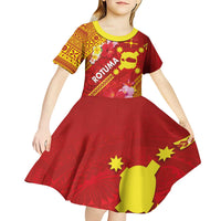 Rotuma Island Kid Short Sleeve Dress Fijian Tapa with Polynesian Art and Hibiscus