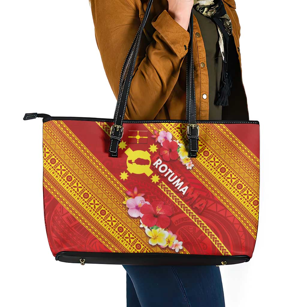 Rotuma Island Leather Tote Bag Fijian Tapa with Polynesian Art and Hibiscus