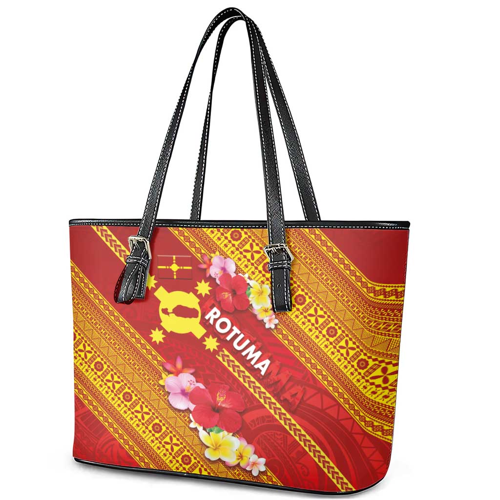 Rotuma Island Leather Tote Bag Fijian Tapa with Polynesian Art and Hibiscus