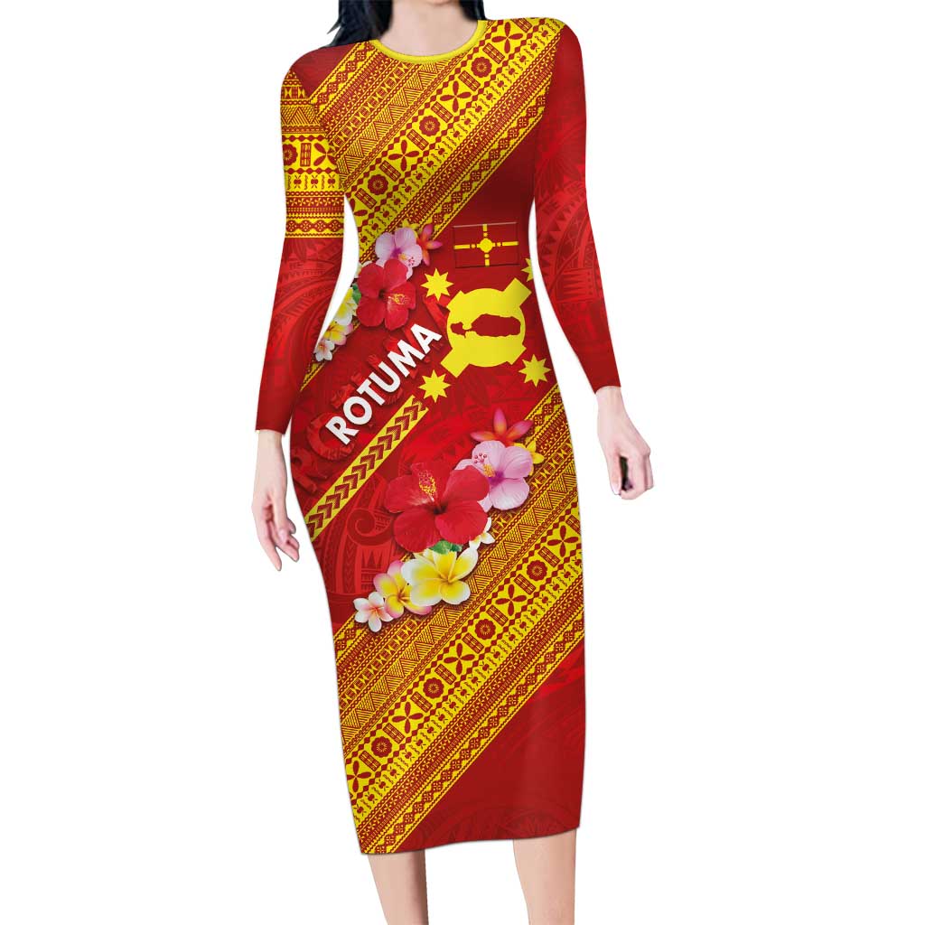 Rotuma Island Long Sleeve Bodycon Dress Fijian Tapa with Polynesian Art and Hibiscus