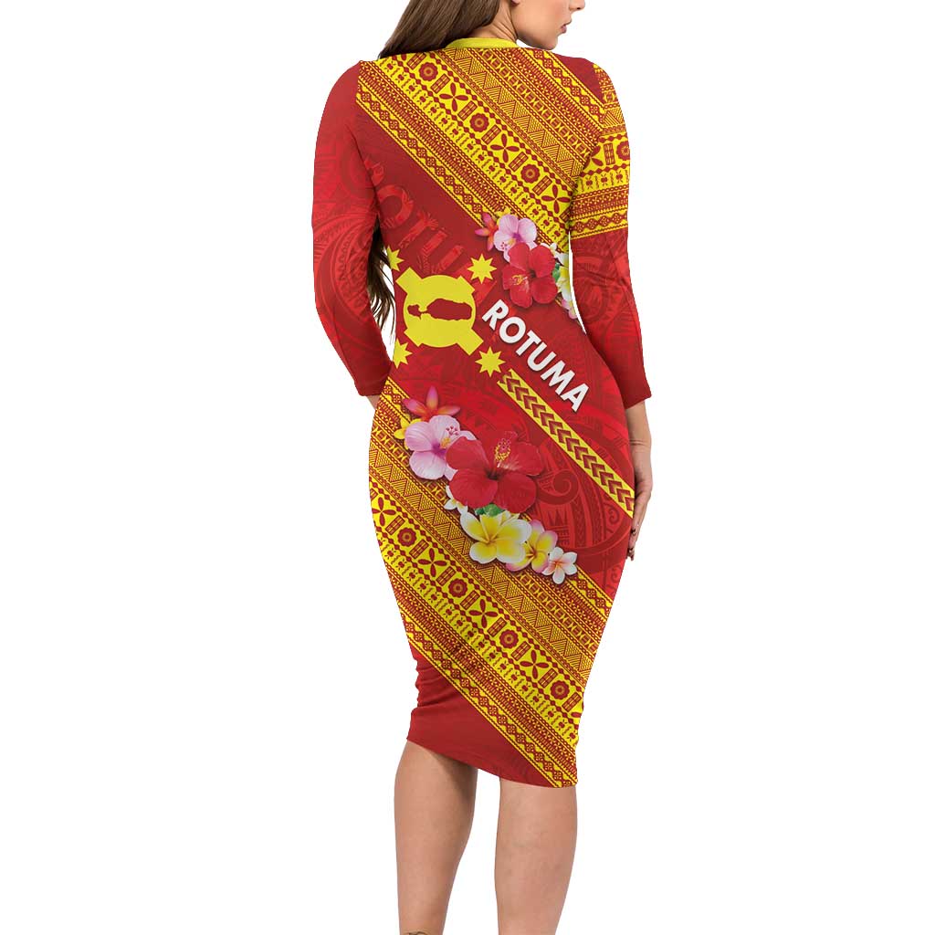 Rotuma Island Long Sleeve Bodycon Dress Fijian Tapa with Polynesian Art and Hibiscus