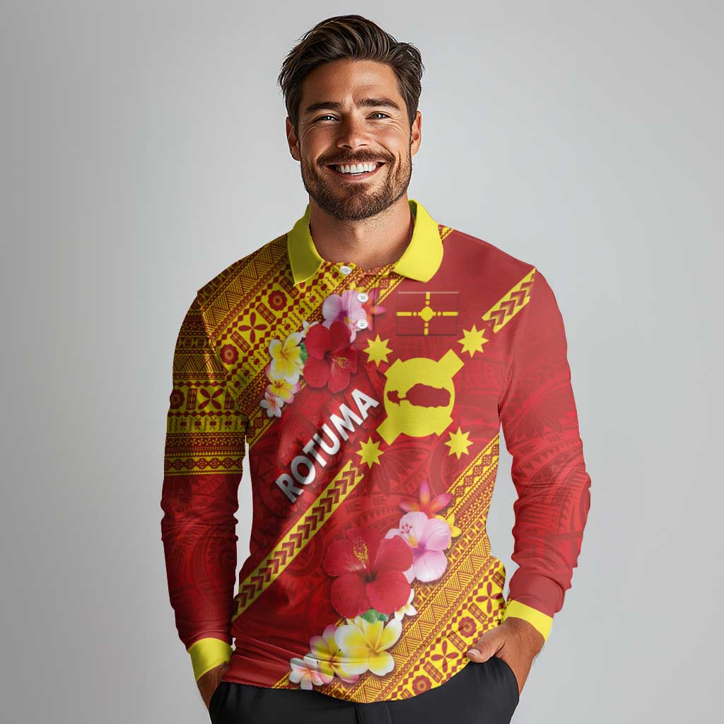 Rotuma Island Long Sleeve Polo Shirt Fijian Tapa with Polynesian Art and Hibiscus