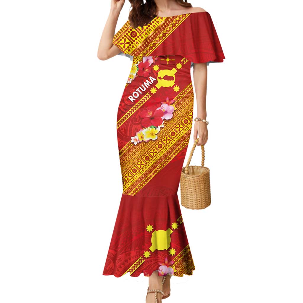 Rotuma Island Mermaid Dress Fijian Tapa with Polynesian Art and Hibiscus