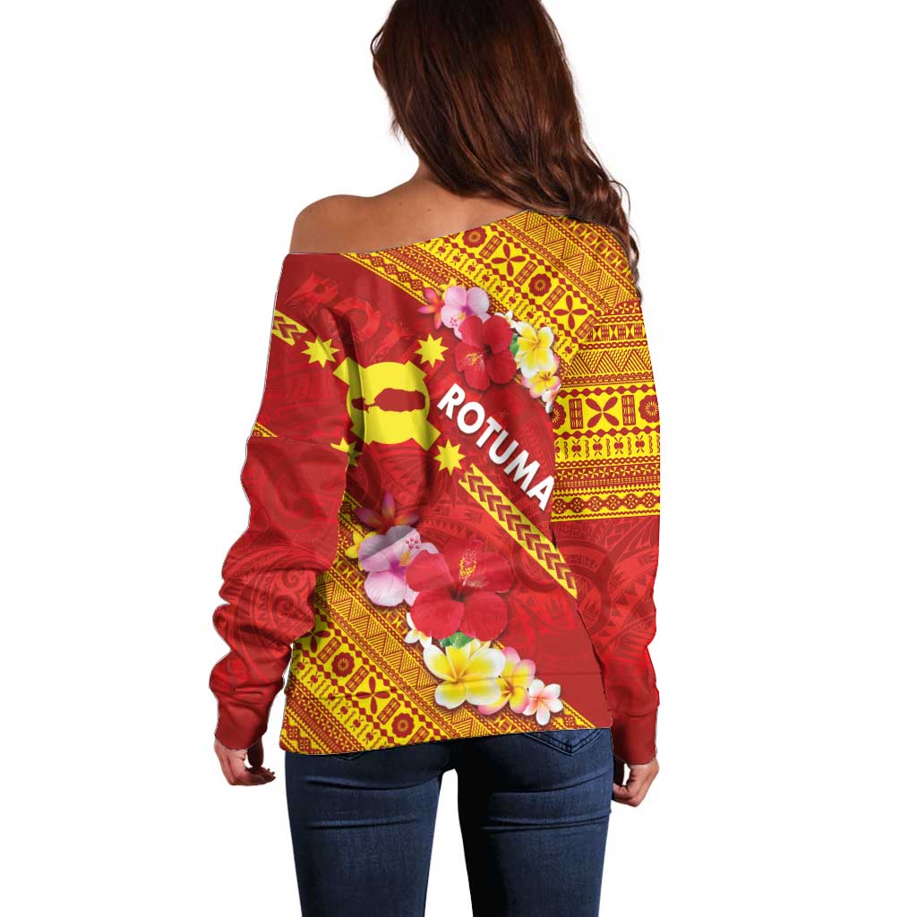 Rotuma Island Off Shoulder Sweater Fijian Tapa with Polynesian Art and Hibiscus