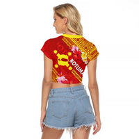 Rotuma Island Raglan Cropped T Shirt Fijian Tapa with Polynesian Art and Hibiscus