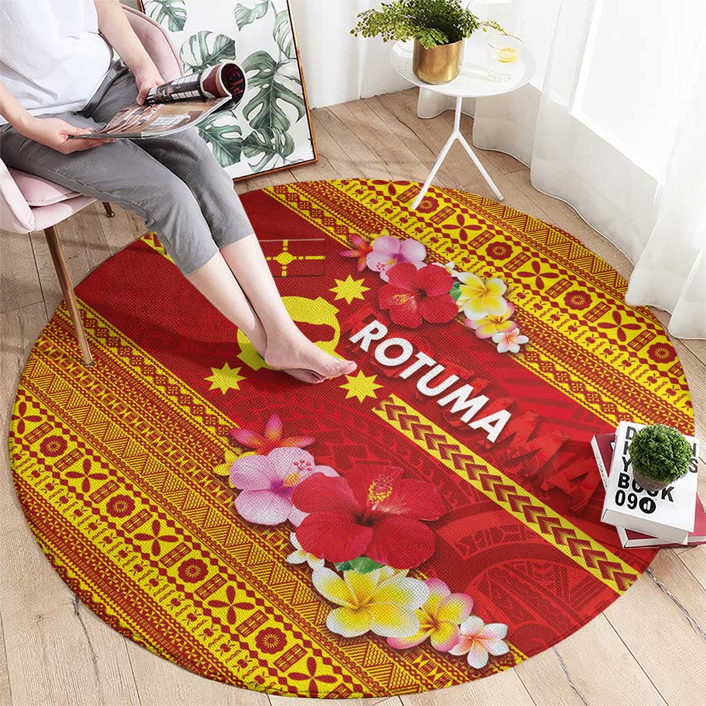 Rotuma Island Round Carpet Fijian Tapa with Polynesian Art and Hibiscus
