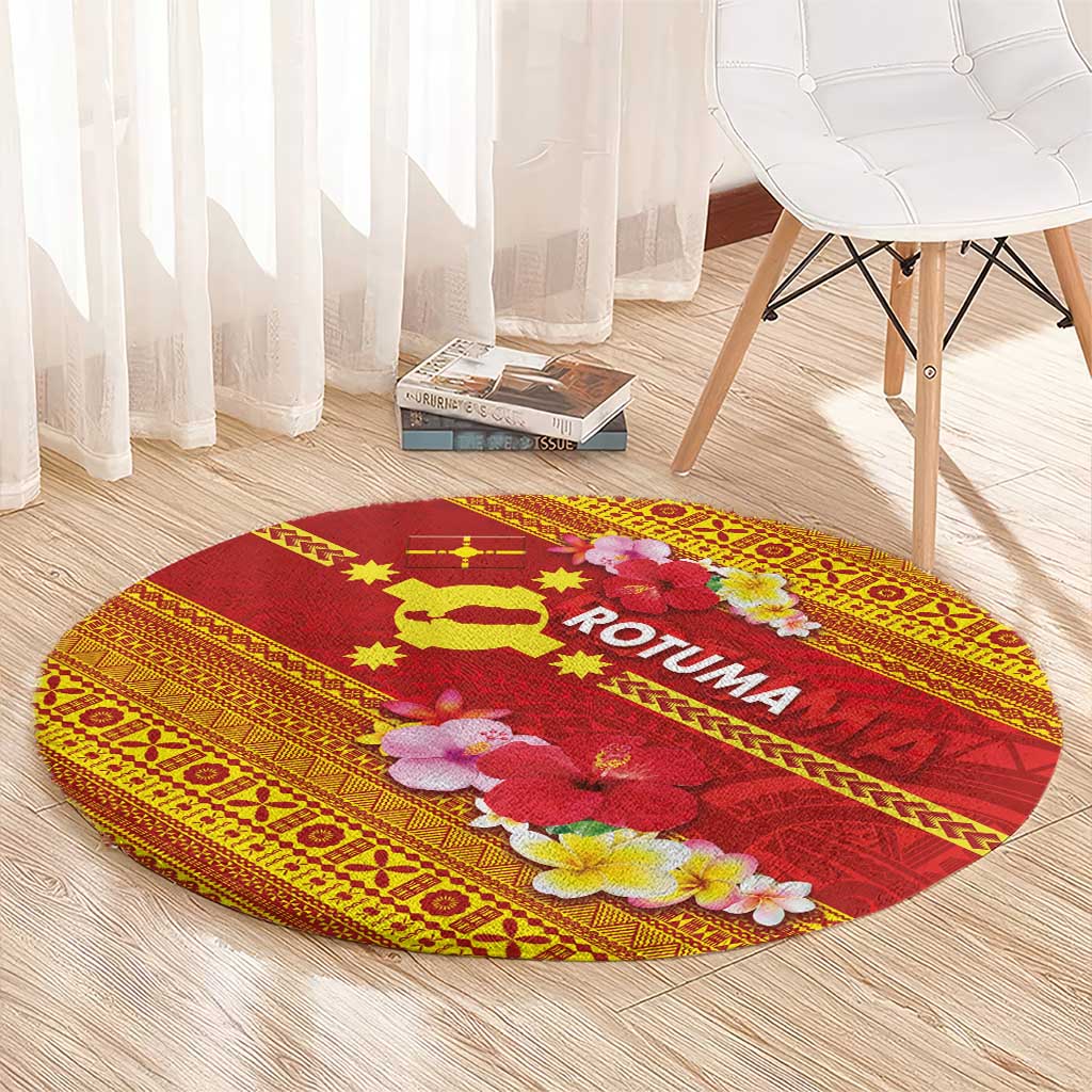 Rotuma Island Round Carpet Fijian Tapa with Polynesian Art and Hibiscus