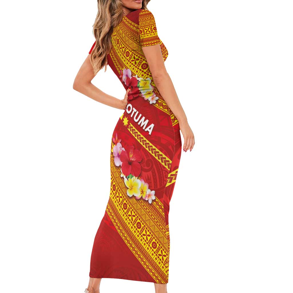 Rotuma Island Short Sleeve Bodycon Dress Fijian Tapa with Polynesian Art and Hibiscus