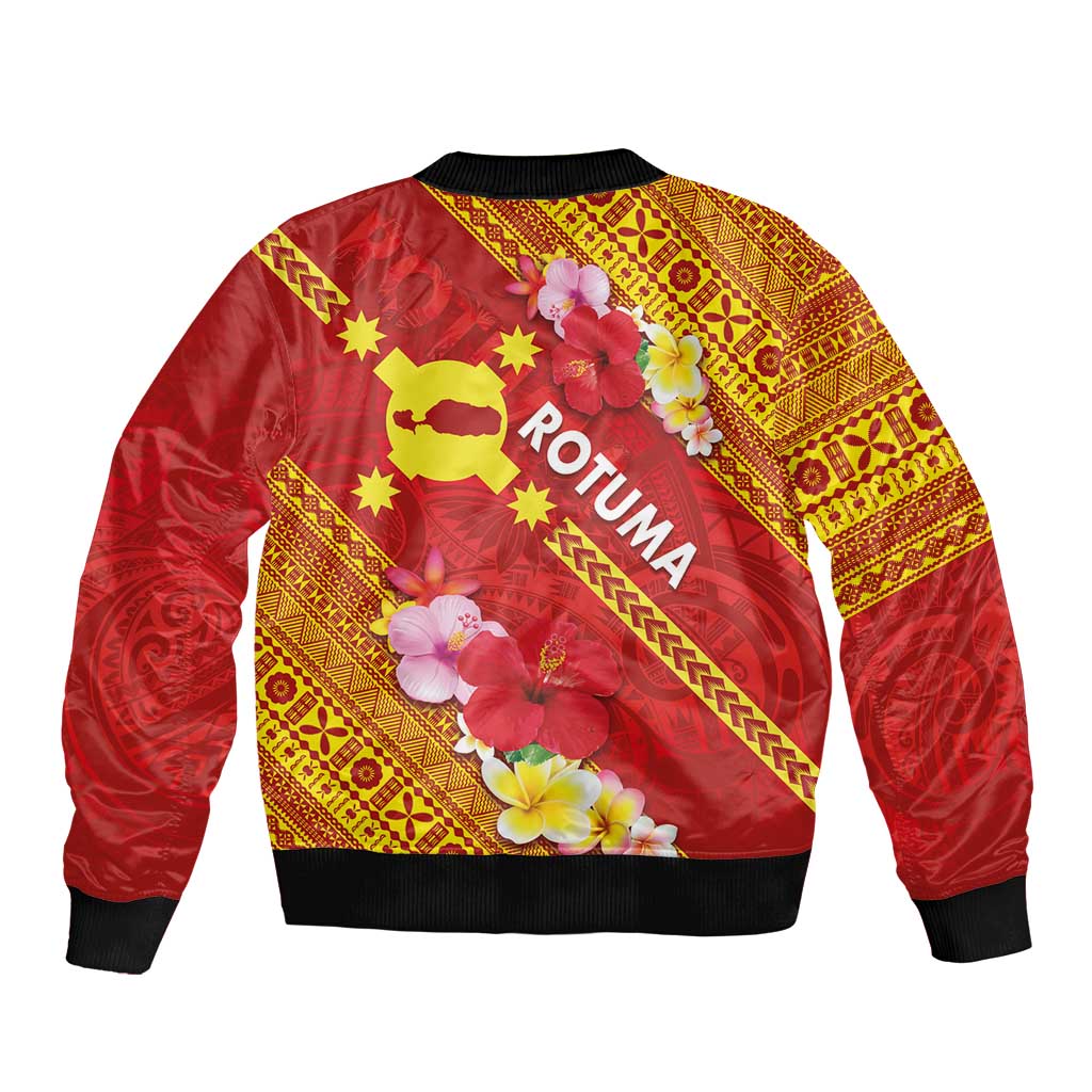 Rotuma Island Sleeve Zip Bomber Jacket Fijian Tapa with Polynesian Art and Hibiscus