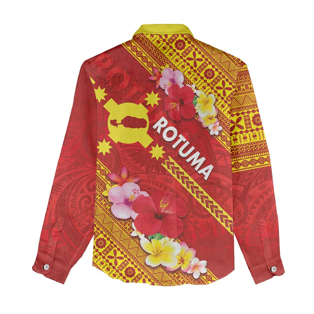 Rotuma Island Women Casual Shirt Fijian Tapa with Polynesian Art and Hibiscus