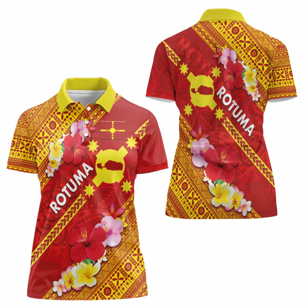 Rotuma Island Women Polo Shirt Fijian Tapa with Polynesian Art and Hibiscus