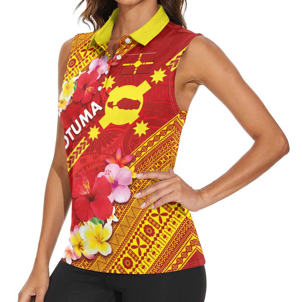 Rotuma Island Women Sleeveless Polo Shirt Fijian Tapa with Polynesian Art and Hibiscus