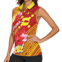 Rotuma Island Women Sleeveless Polo Shirt Fijian Tapa with Polynesian Art and Hibiscus