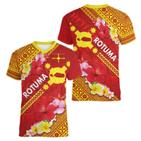Rotuma Island Women V-Neck T-Shirt Fijian Tapa with Polynesian Art and Hibiscus