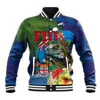 Fiji Iguana-Coat of Arms Baseball Jacket with Hibiscus and Plumeria Palm Tree Tapa Art