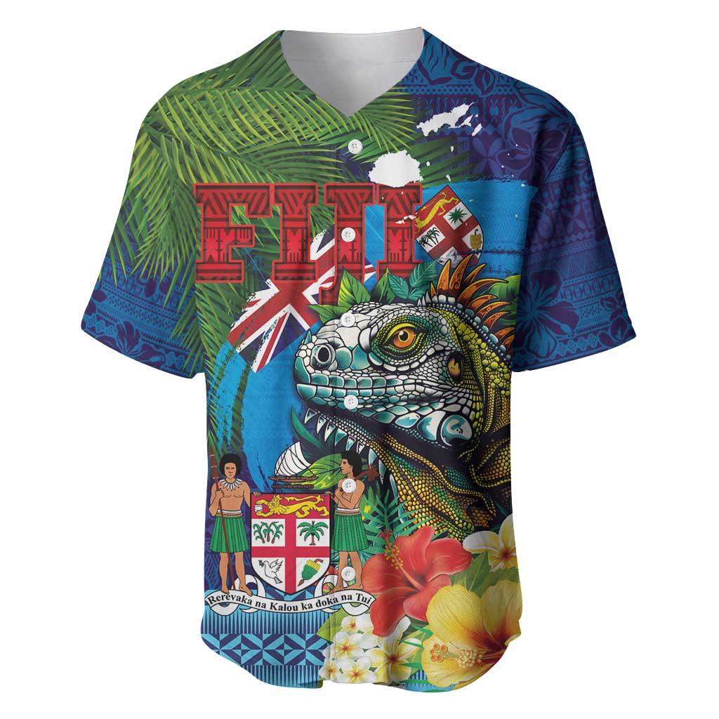 Fiji Iguana-Coat of Arms Baseball Jersey with Hibiscus and Plumeria Palm Tree Tapa Art