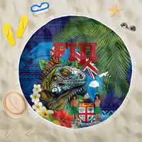 Fiji Iguana-Coat of Arms Beach Blanket with Hibiscus and Plumeria Palm Tree Tapa Art