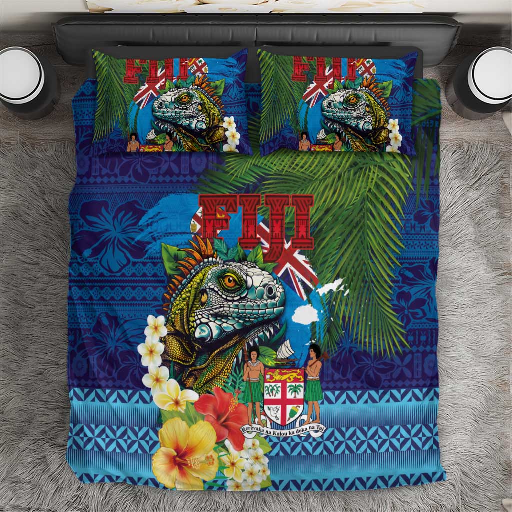 Fiji Iguana-Coat of Arms Bedding Set with Hibiscus and Plumeria Palm Tree Tapa Art