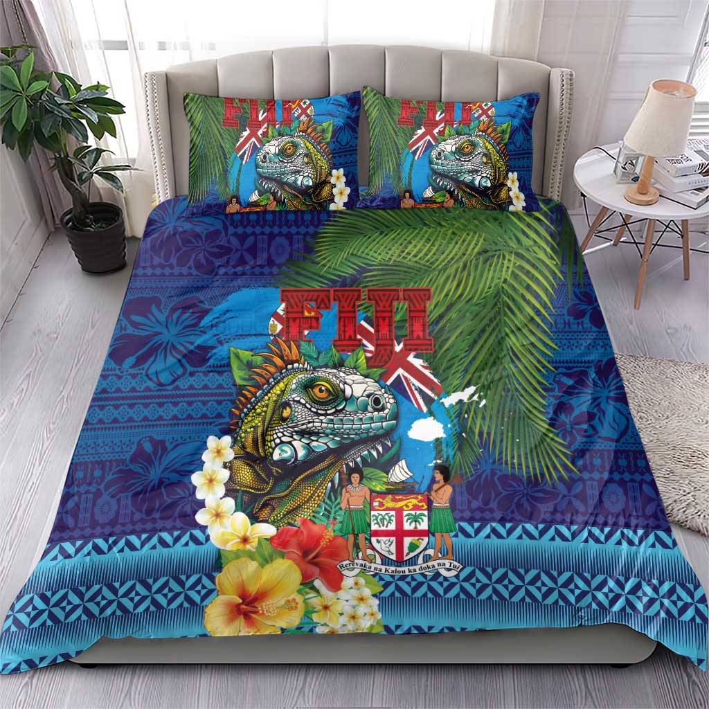Fiji Iguana-Coat of Arms Bedding Set with Hibiscus and Plumeria Palm Tree Tapa Art
