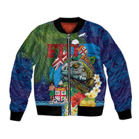 Fiji Iguana-Coat of Arms Bomber Jacket with Hibiscus and Plumeria Palm Tree Tapa Art