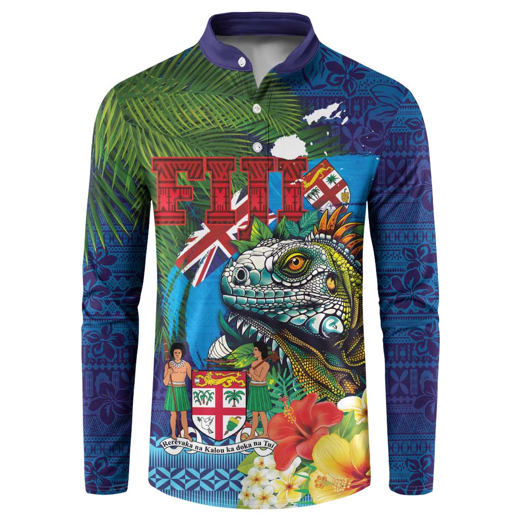 Fiji Iguana-Coat of Arms Button Sweatshirt with Hibiscus and Plumeria Palm Tree Tapa Art