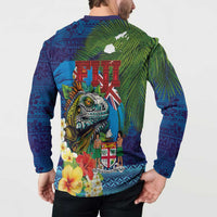Fiji Iguana-Coat of Arms Button Sweatshirt with Hibiscus and Plumeria Palm Tree Tapa Art