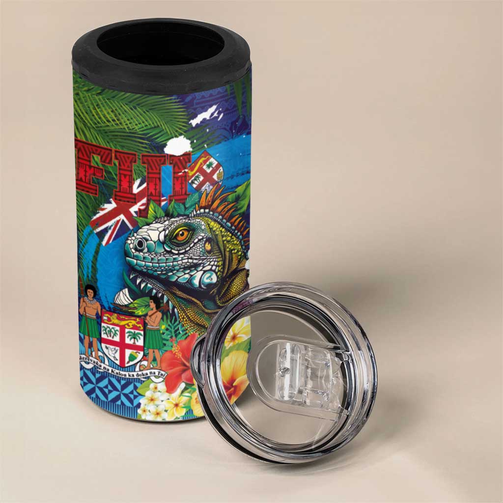 Fiji Iguana-Coat of Arms 4 in 1 Can Cooler Tumbler with Hibiscus and Plumeria Palm Tree Tapa Art