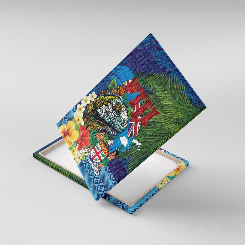 Fiji Iguana-Coat of Arms Canvas Wall Art with Hibiscus and Plumeria Palm Tree Tapa Art