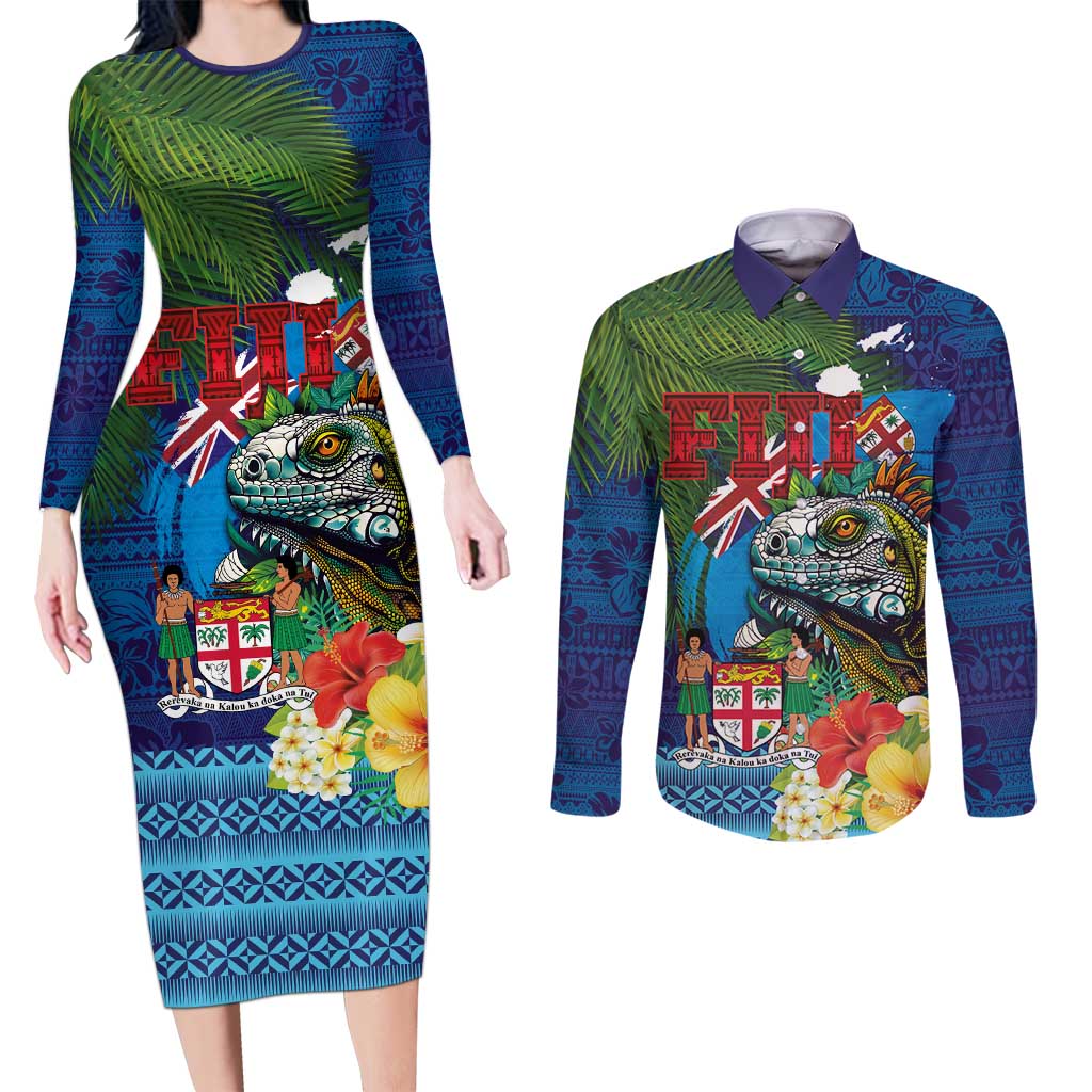 Fiji Iguana-Coat of Arms Couples Matching Long Sleeve Bodycon Dress and Long Sleeve Button Shirt with Hibiscus and Plumeria Palm Tree Tapa Art