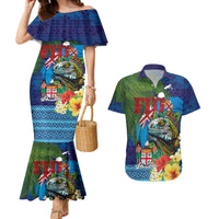 Fiji Iguana-Coat of Arms Couples Matching Mermaid Dress and Hawaiian Shirt with Hibiscus and Plumeria Palm Tree Tapa Art