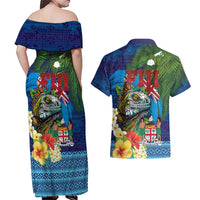 Fiji Iguana-Coat of Arms Couples Matching Off Shoulder Maxi Dress and Hawaiian Shirt with Hibiscus and Plumeria Palm Tree Tapa Art