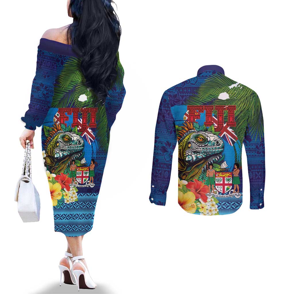 Fiji Iguana-Coat of Arms Couples Matching Off The Shoulder Long Sleeve Dress and Long Sleeve Button Shirt with Hibiscus and Plumeria Palm Tree Tapa Art