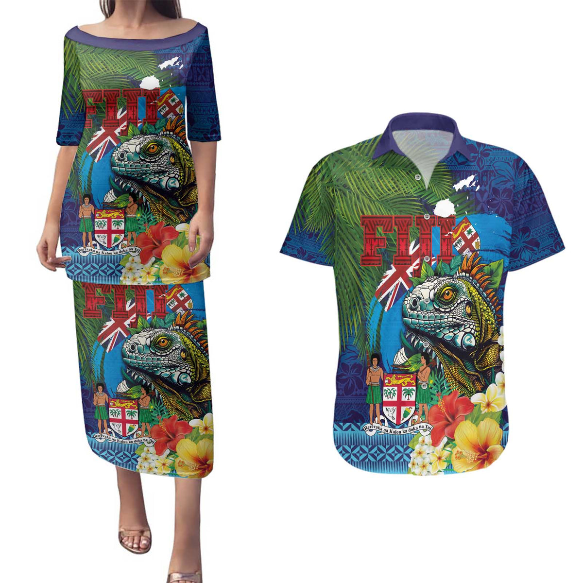 Fiji Iguana-Coat of Arms Couples Matching Puletasi and Hawaiian Shirt with Hibiscus and Plumeria Palm Tree Tapa Art