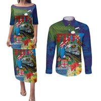 Fiji Iguana-Coat of Arms Couples Matching Puletasi and Long Sleeve Button Shirt with Hibiscus and Plumeria Palm Tree Tapa Art