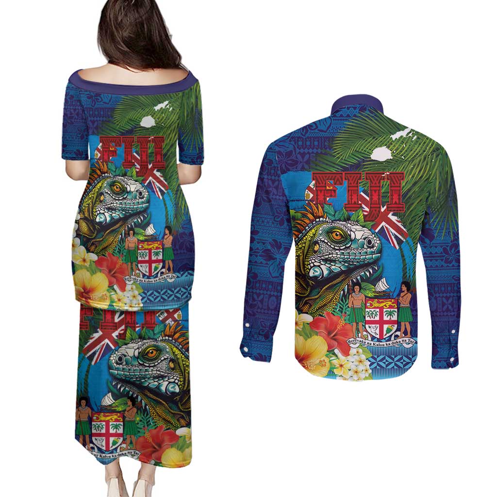 Fiji Iguana-Coat of Arms Couples Matching Puletasi and Long Sleeve Button Shirt with Hibiscus and Plumeria Palm Tree Tapa Art