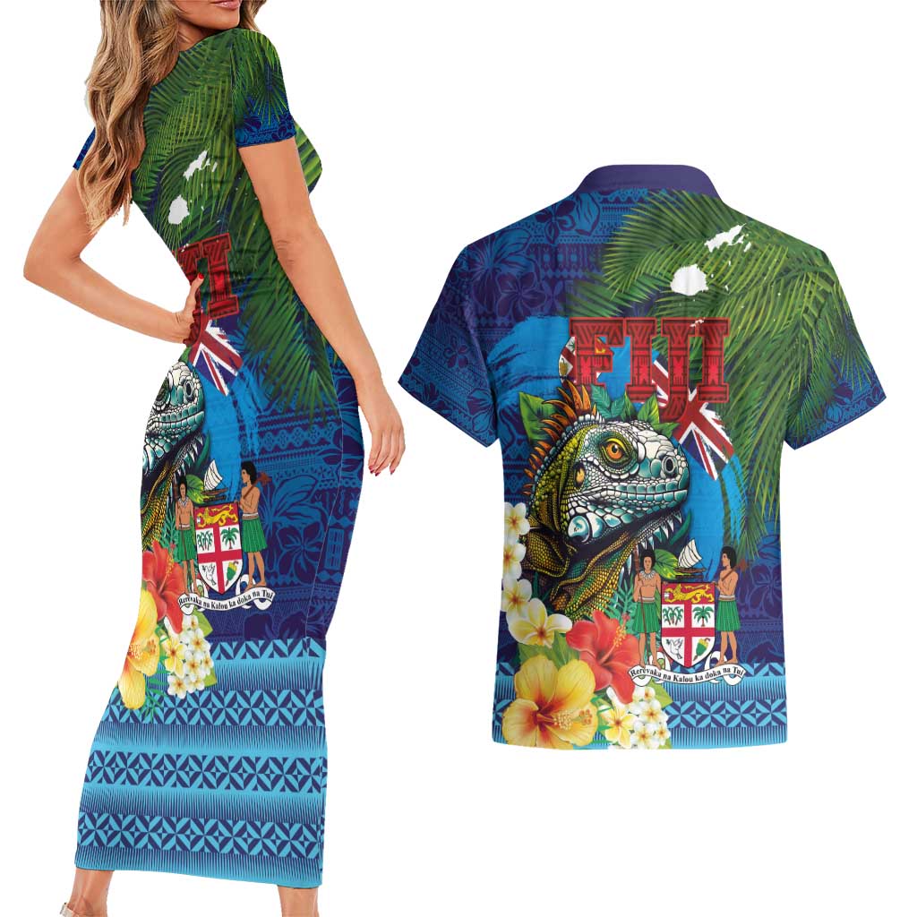 Fiji Iguana-Coat of Arms Couples Matching Short Sleeve Bodycon Dress and Hawaiian Shirt with Hibiscus and Plumeria Palm Tree Tapa Art