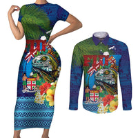 Fiji Iguana-Coat of Arms Couples Matching Short Sleeve Bodycon Dress and Long Sleeve Button Shirt with Hibiscus and Plumeria Palm Tree Tapa Art